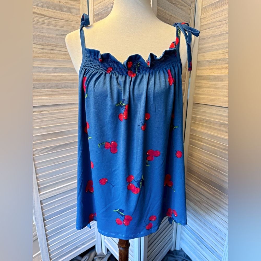 Mod Cloth Blue Tie Shoulder Cherries Tank